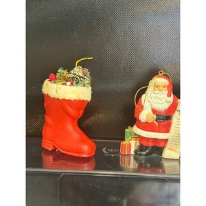 Vintage Santa Claus Peoples 1993 List Ornament and Red Santa Boot Lot of 2